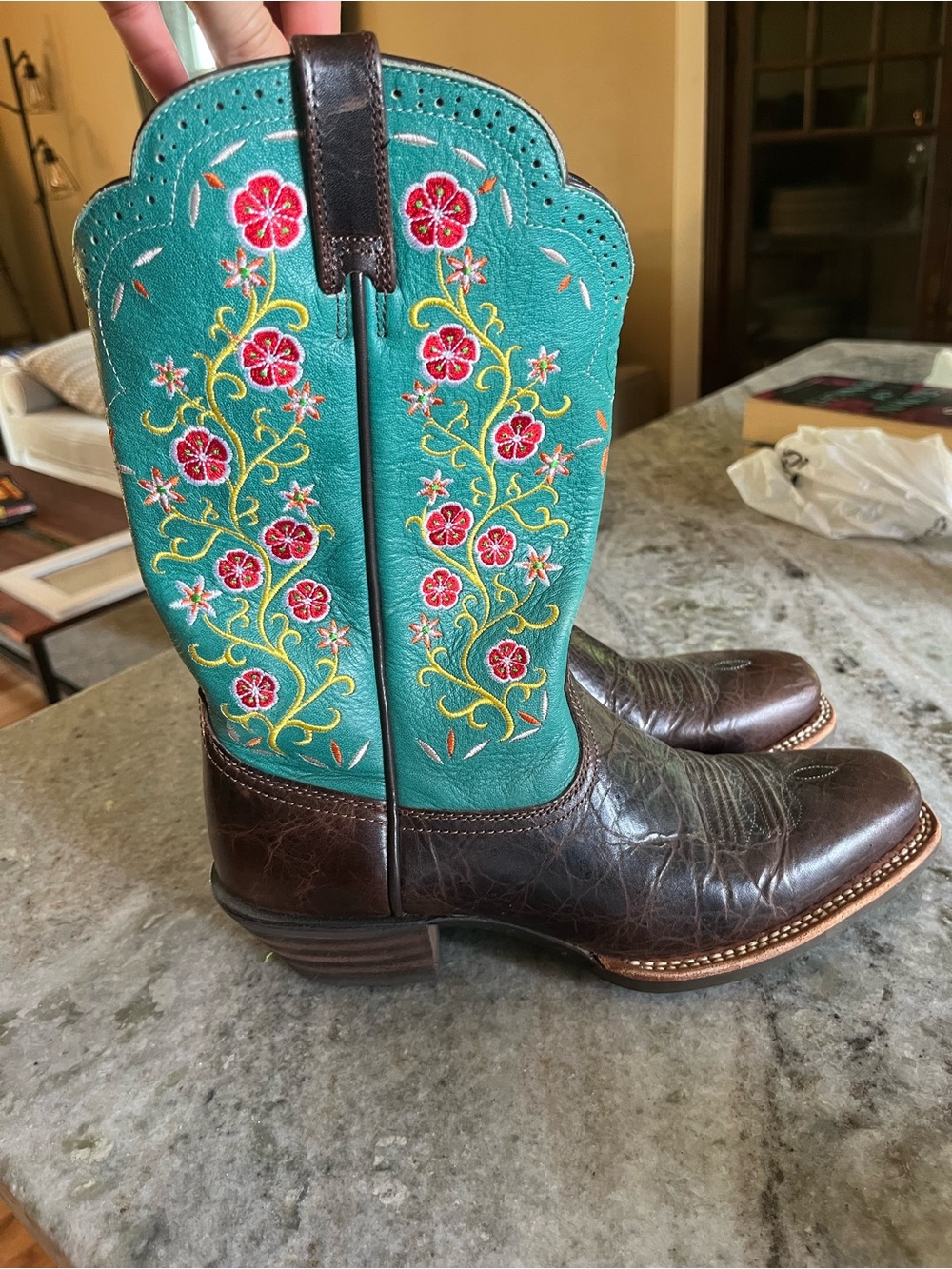 Ariat Turquoise Shaft Brown Leather Floral Embroidered Western Boots